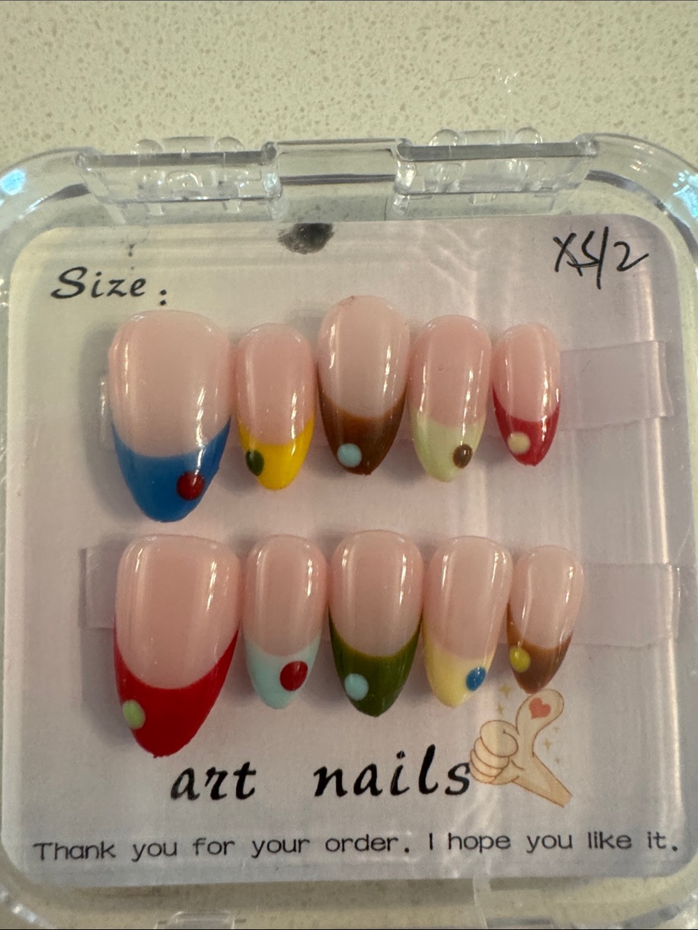 Art Nails Multicolor French Tip Press-On Set - Pink Base with Colorful Accents